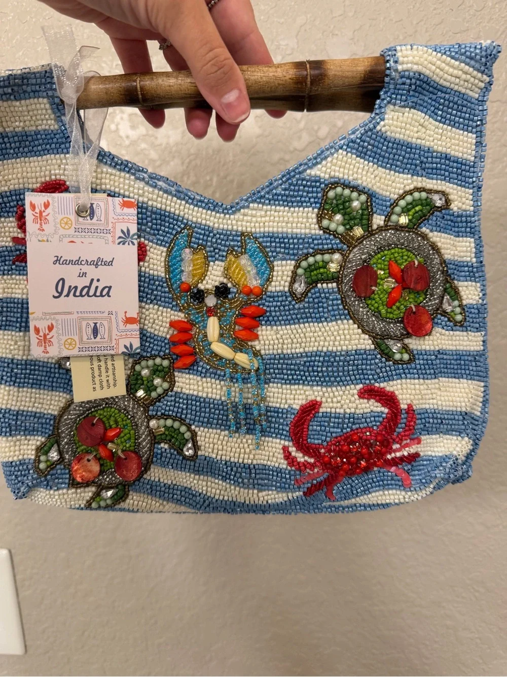 Viral Turtle & Crabs Blue White Striped Bamboo Handle Beaded Clutch - FIRM PRICE